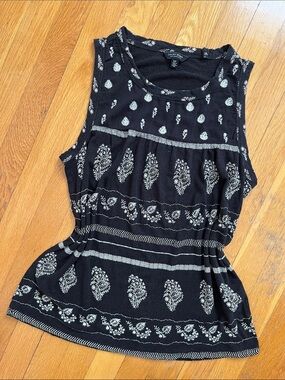 Lucky Brand Sz S Black & Tan Sleeveless Linen Cotton Blend Embroidered Tank Top
